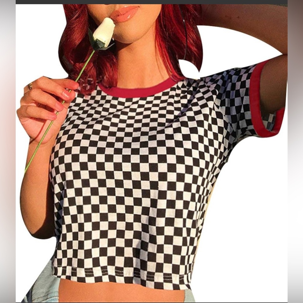 RIOT QUEEN Skater Checker Print Crop Top Red Trim Size XL- NWT
